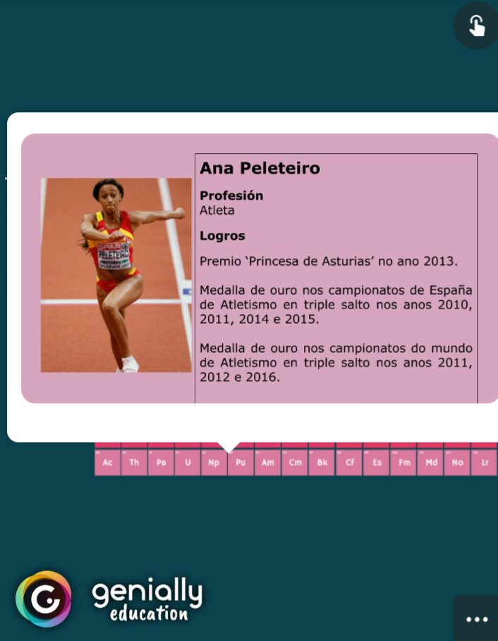 Bibliobasella's tweet image. Parabéns a Ana Peleteiro polo seu triunfo en Glasgow! 👏👏👏Ela é unha das #elementas da nosa #táboaperiódica , o Neptunio @apeleteirob #mulleresgalegas #8M