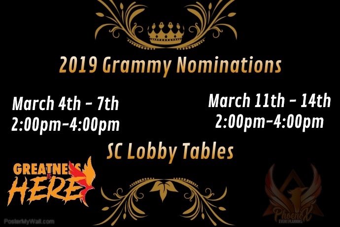 phoenix_emu's tweet photo. Greatness Season Is Upon Us 😈🤫 The Phoenix 2019 Grammy Nominations Begins TODAY‼️🏆 Come Visit The #1 Event planning organization at Lobby Tables 2-4pm In The Student Center‼️ we will be there all this week and next week with raffle tickets 🎟 #GreatnessIsHere #TheGetOff https://t.co/a99kl0gthS