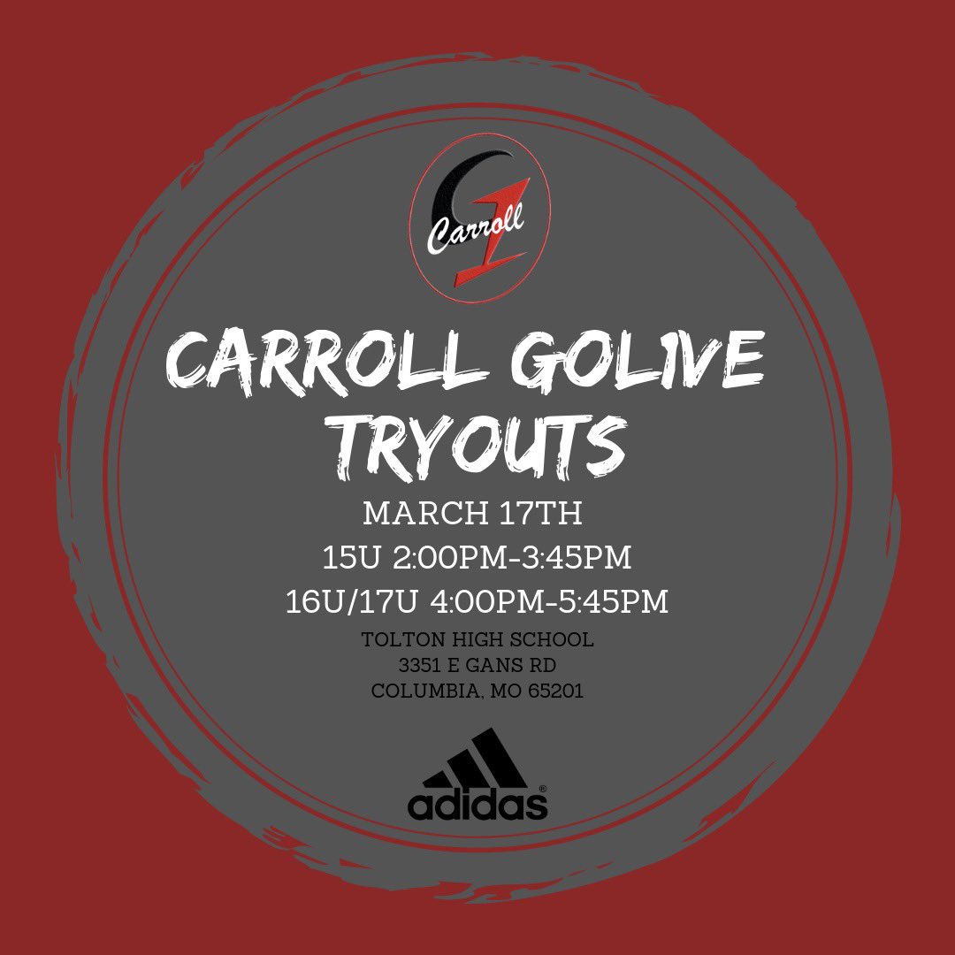 MOTeamCarroll's tweet image. Tryouts coming soon! Make sure you are in Columbia March 17th for Carroll GoL1ve tryouts! #CarrollGoL1ve
