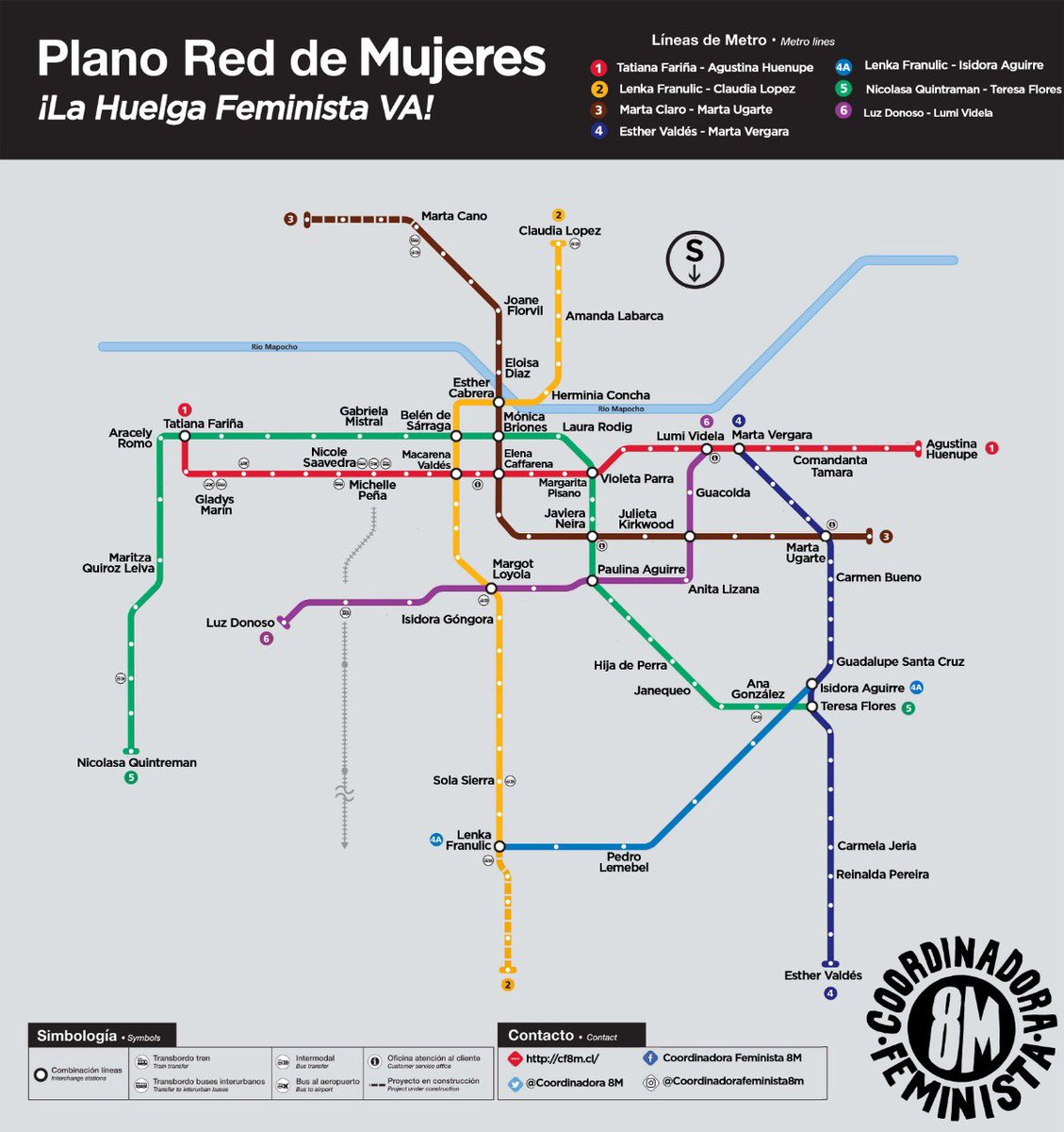 Hoy llegue a Stgo y estaciones de metro llevan el nombre de grandes mujeres que a veces invisibles, han hecho historia. Hoy seguimos pagando + por salud, ganando - por la misma pega y ahorrando lo mismo pero con - pensión. Por eso y + #SuperLunesFeminista #LaHuelgaFeministaVa