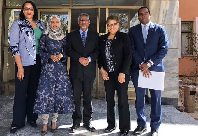 hawelti's tweet photo. US Congressional Committee consisting of Reps. Karen Bass, Ilhan Omar and Joe Negues visited Eritrea over the weekend &amp; had a series of meetings with FM Osman Saleh, Pre. Adviser Yemane G/ab, PFDJ Head of Economic Dept. Hagos G/Hwet, and Minister of Information Yemane G/Meskel https://t.co/RH457e53vK