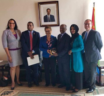 hawelti's tweet photo. US Congressional Committee consisting of Reps. Karen Bass, Ilhan Omar and Joe Negues visited Eritrea over the weekend &amp; had a series of meetings with FM Osman Saleh, Pre. Adviser Yemane G/ab, PFDJ Head of Economic Dept. Hagos G/Hwet, and Minister of Information Yemane G/Meskel https://t.co/RH457e53vK