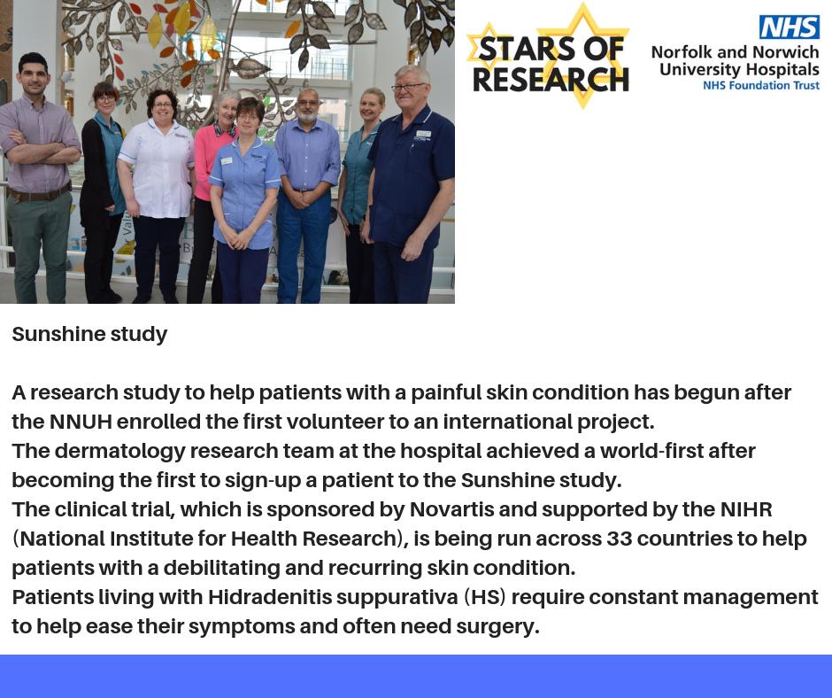 NNUH's tweet photo. ICYMI: Our latest Stars of Research are the dermatology research team who have become the first in the world to have enrolled a patient on to an international clinical trial to help patients with a painful skin condition. @NIHRCRNEastern 
https://t.co/bJCkQAdWe7
#StarsofResearch https://t.co/GHsYxpCSE6