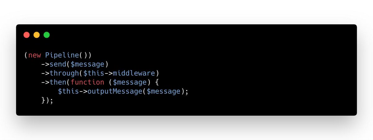 marcelpociot's tweet image. One of my favorite @laravelphp / illuminate components is the pipeline. 
It allows you to send an object through an array of &quot;pipes&quot; that can perform various tasks on the object.