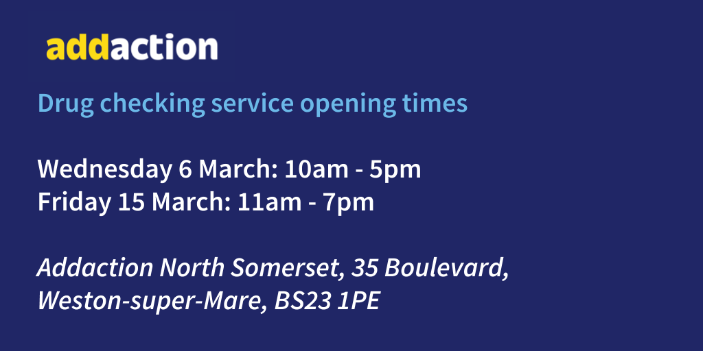 WeAreWithYou's tweet photo. We're running the first Home Office licensed drug checking service. Anyone can anonymously visit our service in Weston-super-Mare on the below dates to get their substances tested and receive tailored, non-judgemental harm reduction advice. https://t.co/fr30a4685k