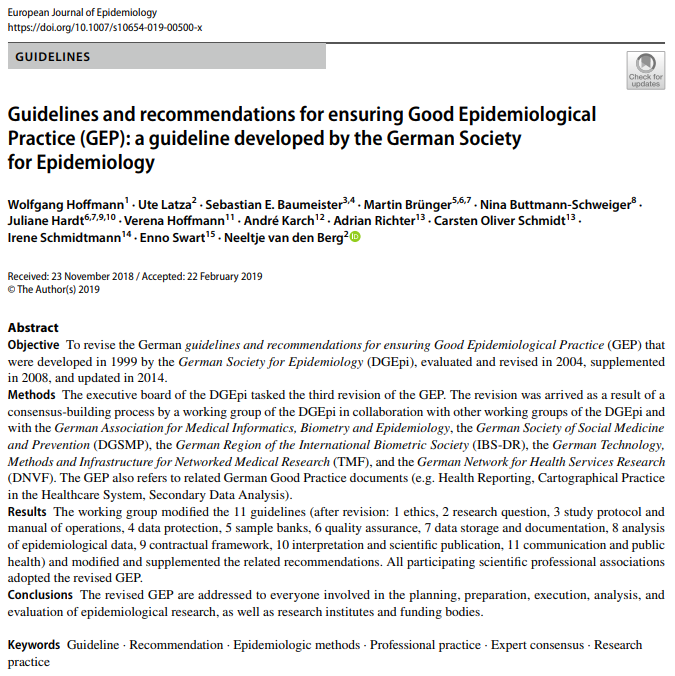 smartinus's tweet photo. New @DGEpi_eV Guidelines and recommendations for ensuring Good Epidemiological Practice published #openaccess at Eur J of #Epidemiology @SpringerPBH by W Hoffmann, U Latza, @baumeister_se @smartinus @hardtjul @verenashoffmann @andkarch N van den Berg et al https://t.co/YqtfvyRmkc https://t.co/NXSoIV9Lnu