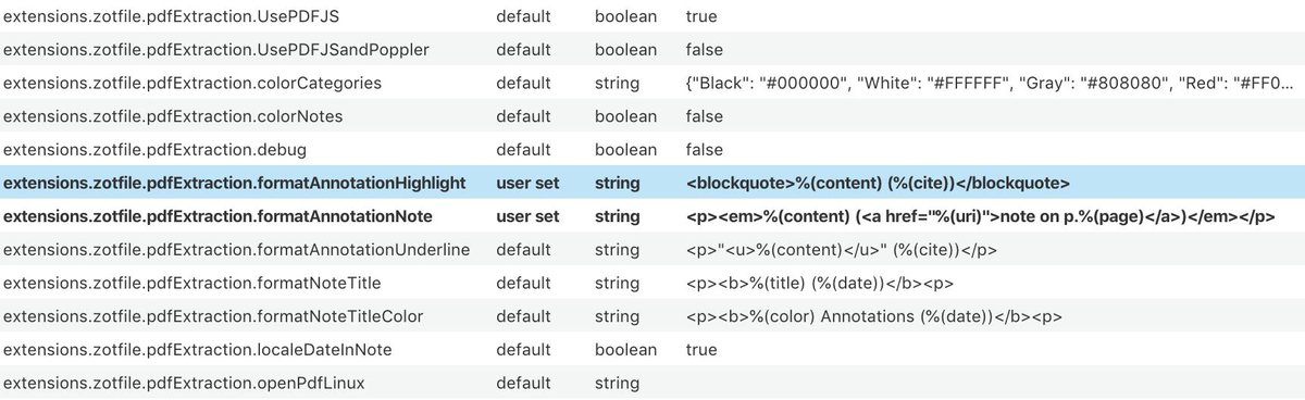 zettlr's tweet image. Contains your workflow #Zotfile and PDF annotation extraction?

To retain these as quotes when copying into Zettlr, make sure to alter the setting extensions.zotfile.pdfExtraction.formatAnnotationHighlight to encapsulate all in "blockquote" tags

#Zotero #Zettlr