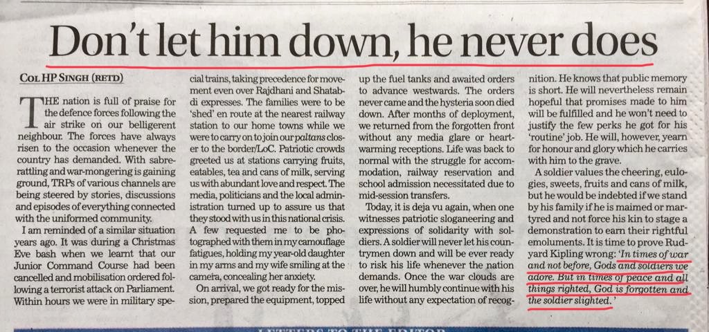 <a href="/PunamIndian/">Punam Indian</a> <a href="/OliveGrin17/">Olive Green</a> <a href="/manmohan16/">Manmohan</a> <a href="/kayjay34350/">Lt Gen Kamal Jit Singh (Veteran)</a> <a href="/WoodCheat/">Cheat Wood</a> <a href="/sandythapar/">Sandeep Thapar🇮🇳</a> <a href="/ChatyTheCheetah/">Dr. Ankur Chaturvedi🇮🇳</a> <a href="/vigoDoon/">Vikas Gosain</a> <a href="/Warrior_Mukul/">Mukul</a> <a href="/DefenceMinIndia/">रक्षा मंत्री कार्यालय/ RMO India</a> <a href="/nsitharaman/">Nirmala Sitharaman</a> <a href="/PIB_India/">PIB India</a> <a href="/adgpi/">ADG PI - INDIAN ARMY</a> <a href="/IAF_MCC/">Indian Air Force</a> <a href="/indiannavy/">SpokespersonNavy</a> <a href="/SpokespersonMoD/">Ministry of Defence, Government of India</a> <a href="/HQ_IDS_India/">HQ IDS</a> <a href="/BrigMahalingam/">Brig V Mahalingam</a> <a href="/kakar_harsha/">Maj Gen Harsha Kakar</a> <a href="/SinghNavdeep/">Navdeep Singh</a> <a href="/vikramwkarve/">Vikram Waman Karve</a> <a href="/Jaykaul/">Brig. Jay Kaul , Veteran</a> <a href="/PashaSehgal/">Lt Gen DP Sehgal</a> <a href="/jessisajan/">Sajan</a> <a href="/bsrangi/">bahadur rangi</a> <a href="/cmseth1/">Maj. Gen. CM Seth</a> <a href="/just_1_singh/">Jaswant Singh</a> <a href="/MajorPoonia/">Major Surendra Poonia</a> <a href="/Neeraj7888/">Neeraj Sharma</a> <a href="/SmritiRDas1/">Smriti R Das</a> <a href="/DrSubhashMoS/">Dr. Subhash Bhamre</a> <a href="/tksapru/">Lt Gen Tej Sapru (R)</a> <a href="/GenKumar/">vinod kumar, Maj Gen</a> <a href="/ArunBajpai/">Brig Arun Bajpai</a> <a href="/SushilBhasin/">Brig Sushil Bhasin</a> <a href="/BJP4India/">BJP</a> <a href="/PMOIndia/">PMO India</a> <a href="/narendramodi/">Narendra Modi</a> <a href="/ColTekpal/">The Army Guy</a> <a href="/ColCharanjit/">Charanjit Khera</a> <a href="/ajitbhinder/">Col Ajit Singh Bhinder🇮🇳</a> <a href="/Col_Bharat/">Col Bharat Sharma,EME</a> <a href="/MajDPSingh/">Major D P Singh</a> <a href="/rwac48/">Lt Gen H S Panag(R)</a> <a href="/ashokkmrsingh/">Ashok</a> @rajeev_mp <a href="/nylalsingh/">Rao Lalsingh 🇮🇳</a> <a href="/Gen_VKSingh/">Gen VK Singh</a> <a href="/Ra_THORe/">Col Rajyavardhan Rathore</a> @MajChowdhury A Soldier will never let his country down &amp; is ever ready to risk his life for d Nation..he always remains hopeful that promises made 2him will b fulfilled👇..let’s prove Rudyard Kipling wrong..Soldiers need 2b supportd by Govt 4their Honour &amp; Dignity..
#HonourSoldiers
#NFU2Fauj