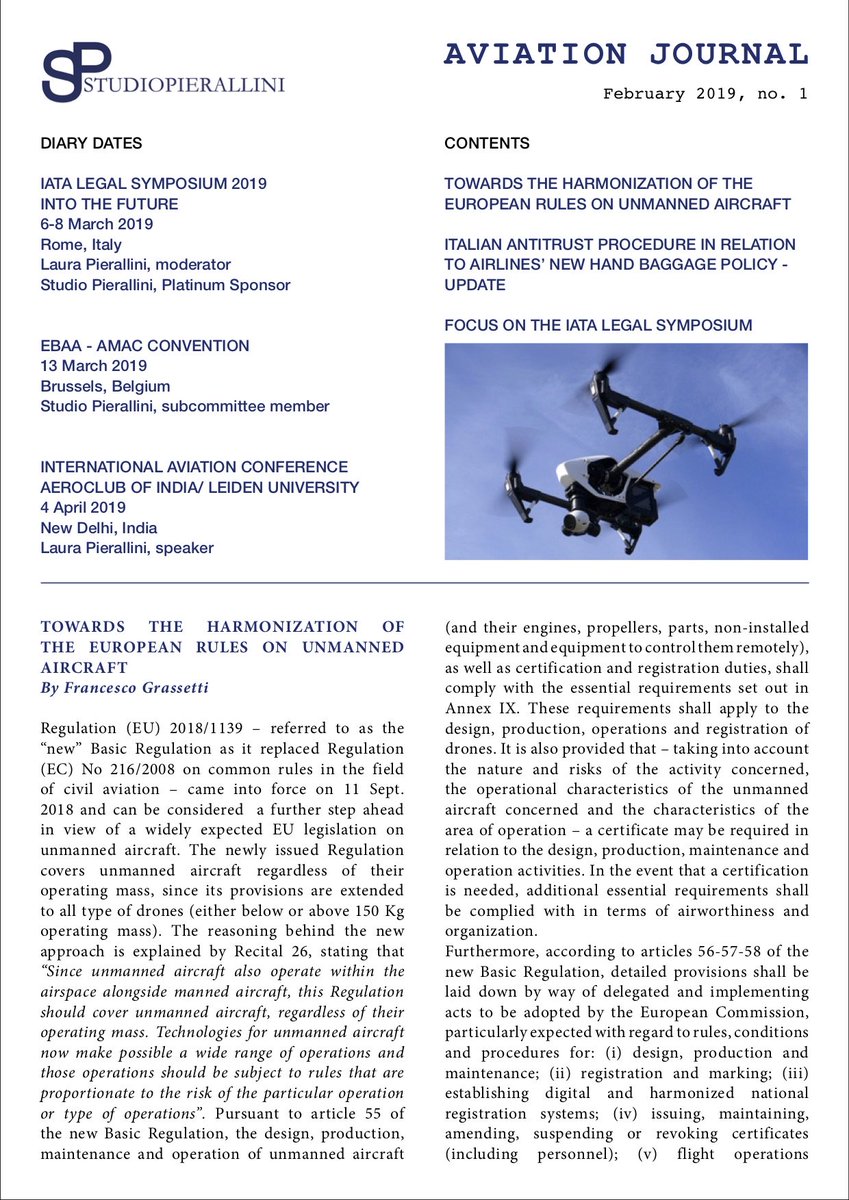 StPierallini's tweet photo. Our Aviation Journal’s latest issue is out! Take a look to learn more about @IATA Legal Symposium, European rules on unmanned aircrafts and Italian antitrust procedures! #aviation #Pierallini #StudioPierallini https://t.co/5jg8wAA6y5