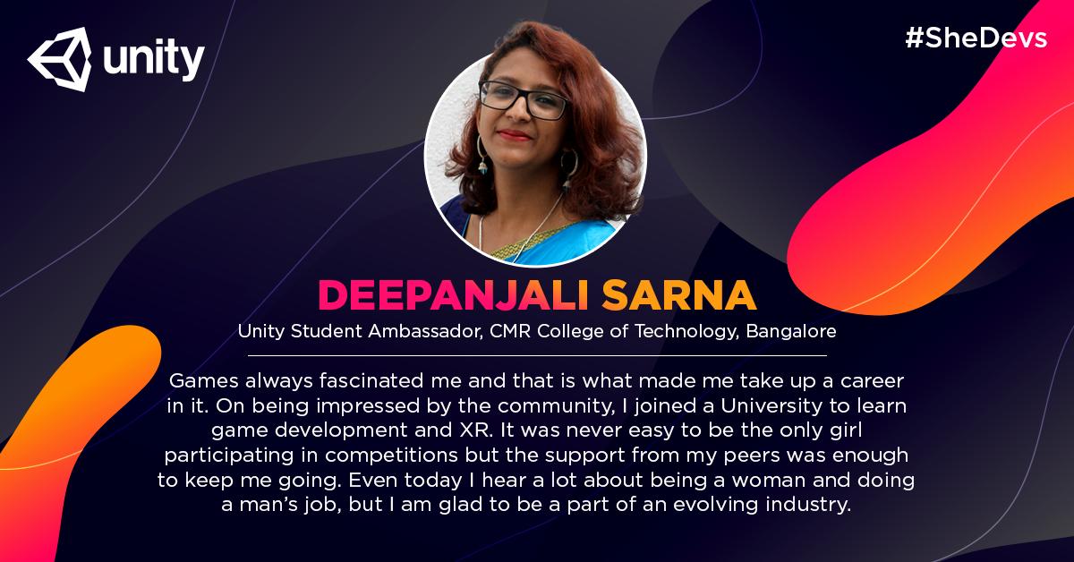 Unity3DIndia's tweet photo. Deepanjali, a Unity student ambassador at #CMRUniversity, #Bangalore, has been instrumental in encouraging fellow students to adopt #AR & #VR technologies. Know what brought her in the gaming industry: https://t.co/7CwCj3HHbO
#SheDevs #WomenDeveloper #Unity3D #GameDev #IndieDev https://t.co/P4SmbgHP68