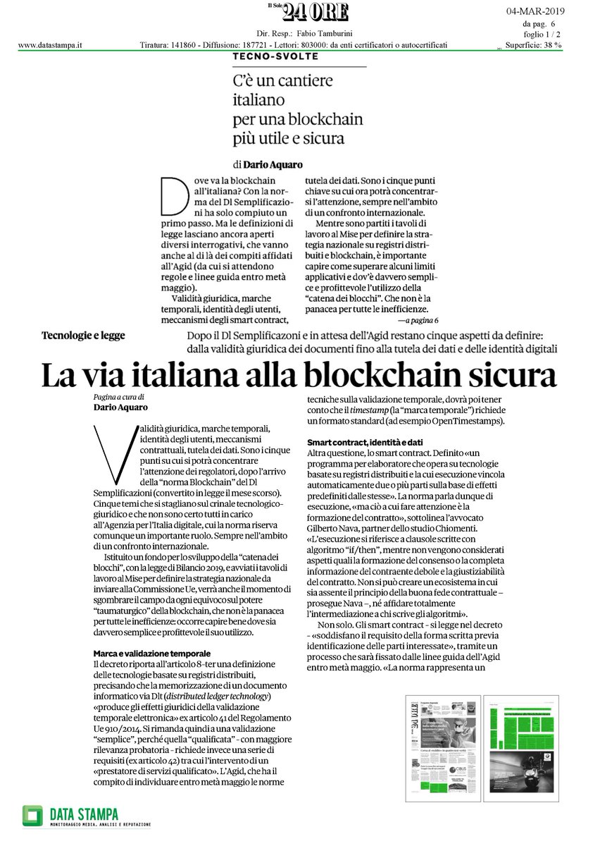 ilnotariato's tweet photo. Su @sole24ore "Notai garanti dei trasferimenti degli asset" Nasce il progetto a tutela di chi si muove sulle #blockchain: un servizio di multisig x #criptovalute x validare, tramite una chiave "terza" affidata ai notai,le operazioni e garantire tracciabilità, identità e sicurezza https://t.co/BT0J7rw9D6