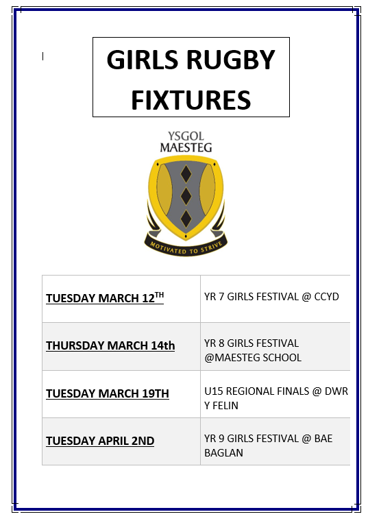 MaestegCSRugby's tweet photo. *** GIRLS RUGBY ***

Fixture list for the next few weeks, come and get involved. 

#GirlsRugby #JerseyForAll #GetInvolved 

@MaestegSchool 
@MaestegQuinsRFC @OgwrHawks @MAESTEGCELTIC @MaestegRFC @NantyffyllonRFC https://t.co/qK49sO2Htb