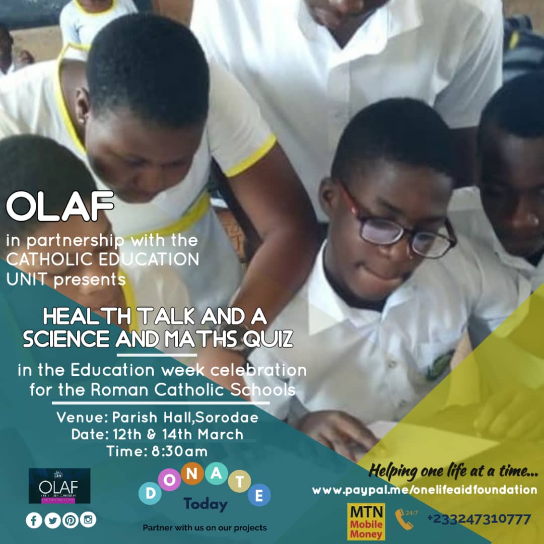 OLAFngo's tweet image. Join us as we partner with Catholic #Education Unit and join in the celebration of Education Week for the Roman #Catholic - for #Health Talk, #Science and #Math Quiz, 

For #Support and/or #Donations, kindly call us on: +233-247-310-777

...helping one life at a time.