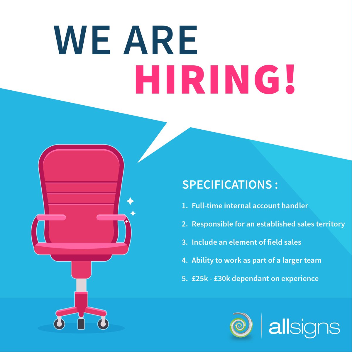 JOB OPPORTUNITY!!

We currently have a vacancy for a full-time internal account handler, although this role may occasionally include an element of field sales. 

For more information visit our website!
allsigns.co.uk

#Sales #hiringnow #Recruiting