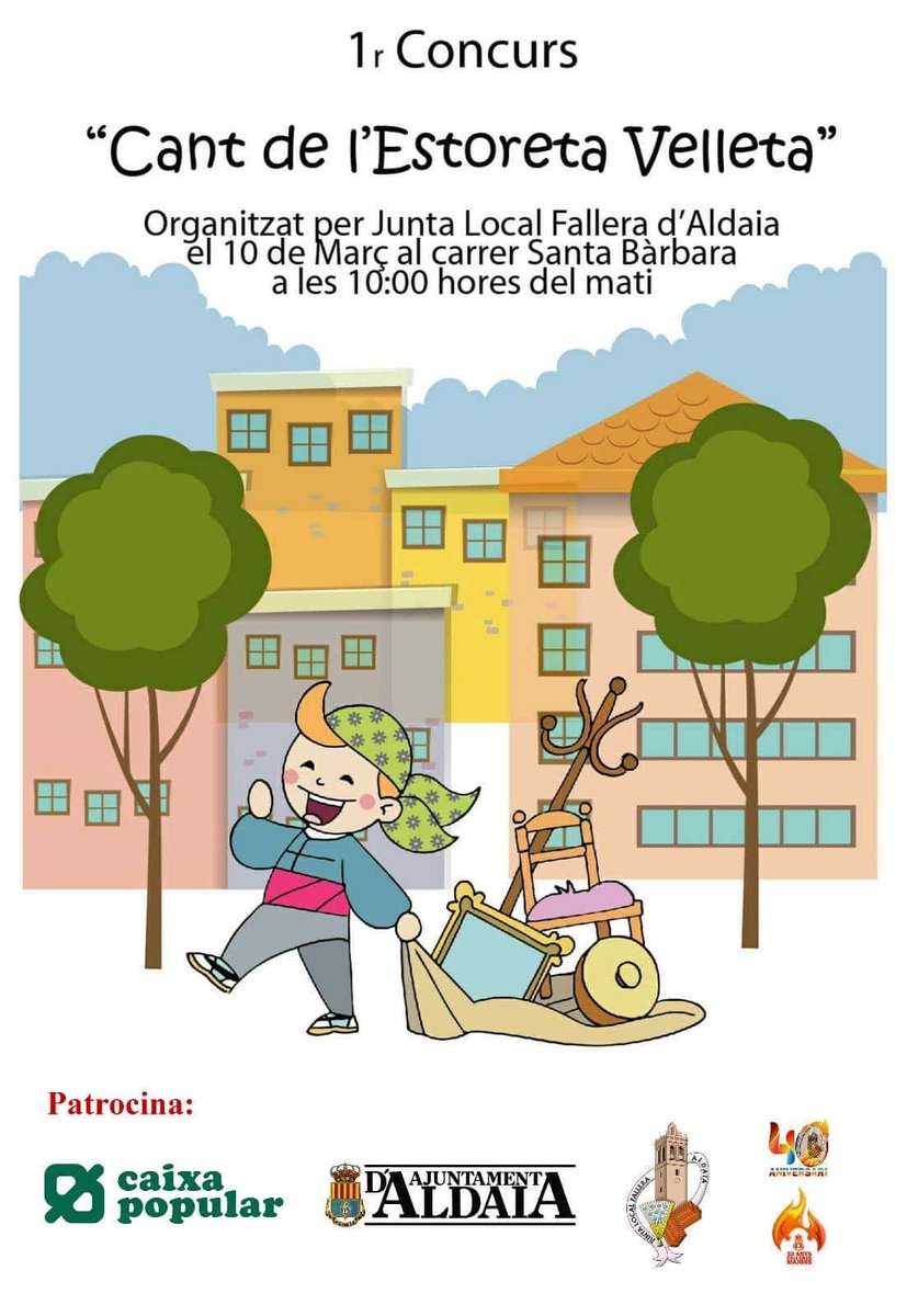 dfef2_0's tweet image. El proper diumenge 10 de març a les 10:00h del matí al carrer de Santa Bàrbara, primer concurs "Cant de l'Estoreta Velleta" on els més xicotets de les comissions recrearan està tradició.
#40AnysJuntaLocalFallera
#30AnysFalleresMajorsAldaia
#Aldaia #Fallesaldaia
 #Falles2019