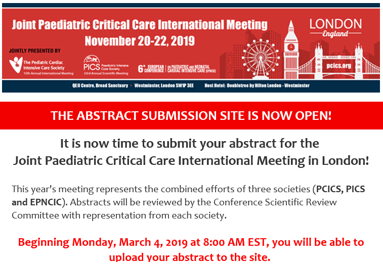 PCICS2's tweet photo. The abstract site for #PCICS19 in London is open TODAY! Head over to https://t.co/IERSSyk2n3 for more information.

#PedsCICU
#PedsCards https://t.co/iU2dkb2qV6