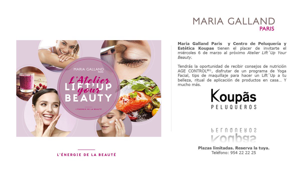 KoupasPeluquero's tweet photo. @MariaGallandEs estará esta semana ofreciendo talleres en nuestro centro de la C/ Bailén. 👩‍🏫🔝
◾ 5 Marzo - Maquillaje con Paco Navarro.
◾ 6 Marzo - Atelier Lift' UP your beauty.
¡Reserva tu plaza! 📞👉 954222225 https://t.co/S7oTLhehBG