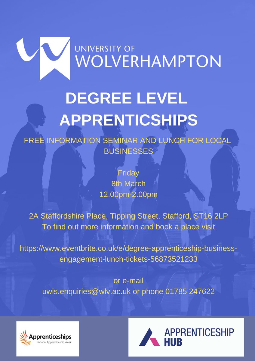 UWiS_wlv's tweet photo. Join us for lunch and find out how a Degree Level Apprenticeship could help your business.  University Apprenticeship staff will explain how to take on an apprentice, their professional development and your return on investment.  Book your place now  https://t.co/EMrp5Jv3vj https://t.co/ThXFixEBeE