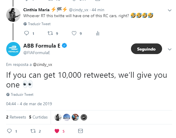 cindy_vx's tweet photo. #FEChallenge

Numa hora vc tá boas na internet e na outra é desafiada pela @FIAFormulaE pra ganhar um presente irado. Preciso de 10k retuítes nesse post https://t.co/L84rWbRrj1 pra ganhar uma miniatura de Fórmula E 😱😱😱

RT da amizade PFVR
#StreetLevel #ABBFormulaE https://t.co/e7m7GA08Zm