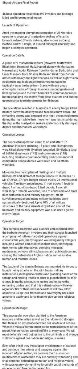 hollywoodcurry's tweet photo. The Shorab airbase attack in Helmand, Afghanistan by Taliban  ends after 48hrs
According to Taliban 137 US troops including 15 pilots; 18 flight engineers killed 19 injured.
260 Afghan troops including 142 commandos killed &amp; 73 others injured! - #CVE  #BastionAttack https://t.co/tbHej0wQDM