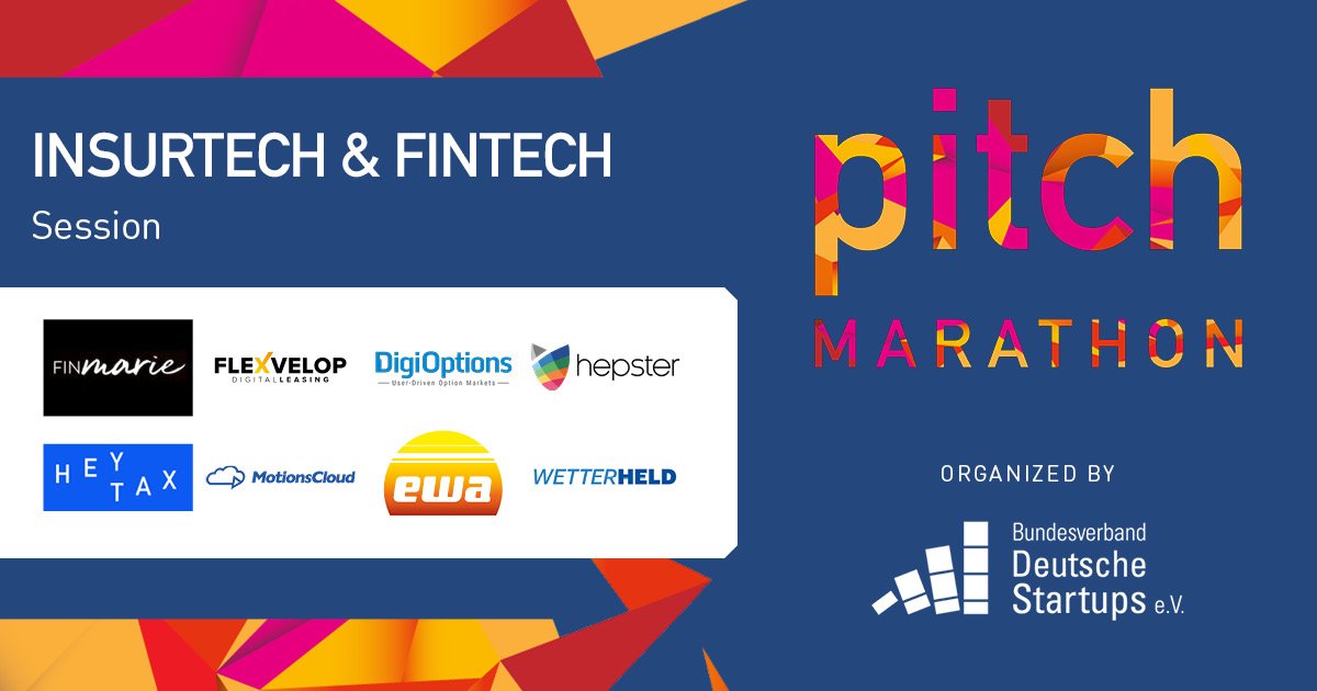 #pitchMARATHON: we’re all set 🥳
These #startups have confirmed their participation in our Insurtech&amp;Fintech session: <a href="/Moin_Hepster/">hepster</a>, <a href="/FinMarie_com/">FinMarie</a>, <a href="/motionscloud/">MotionsCloud</a>, Heytax, DigiOptions, ewa, Flexvelop &amp; Wetterheld
Only 3 day left, go get your ticket now 😍➡️ bit.ly/2WVSw3M