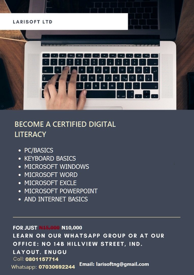 larisoftng's tweet photo. Become a certificated Digital Literacy Today, just visit at 14B Hillview Street Independence Layout Enugu State.
To read our interesting articles about programming, kindly visit our blog site, https://t.co/atYvJ92OUV https://t.co/jkZngTY2uD