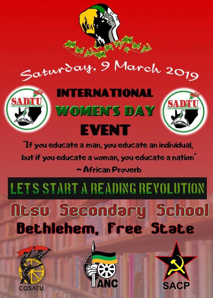 SadtuNational's tweet photo. SADTU will celebrate International Women's Day on 9 March 2019 at Ntsu Secondary School in Bethlehem, Free State @_cosatu @SABCNewsOnline @OFM9497 @SA_Labour_News @ewnupdates @TimesLIVE @IOL @mailandguardian @DBE_SA https://t.co/2oaLx5oNff