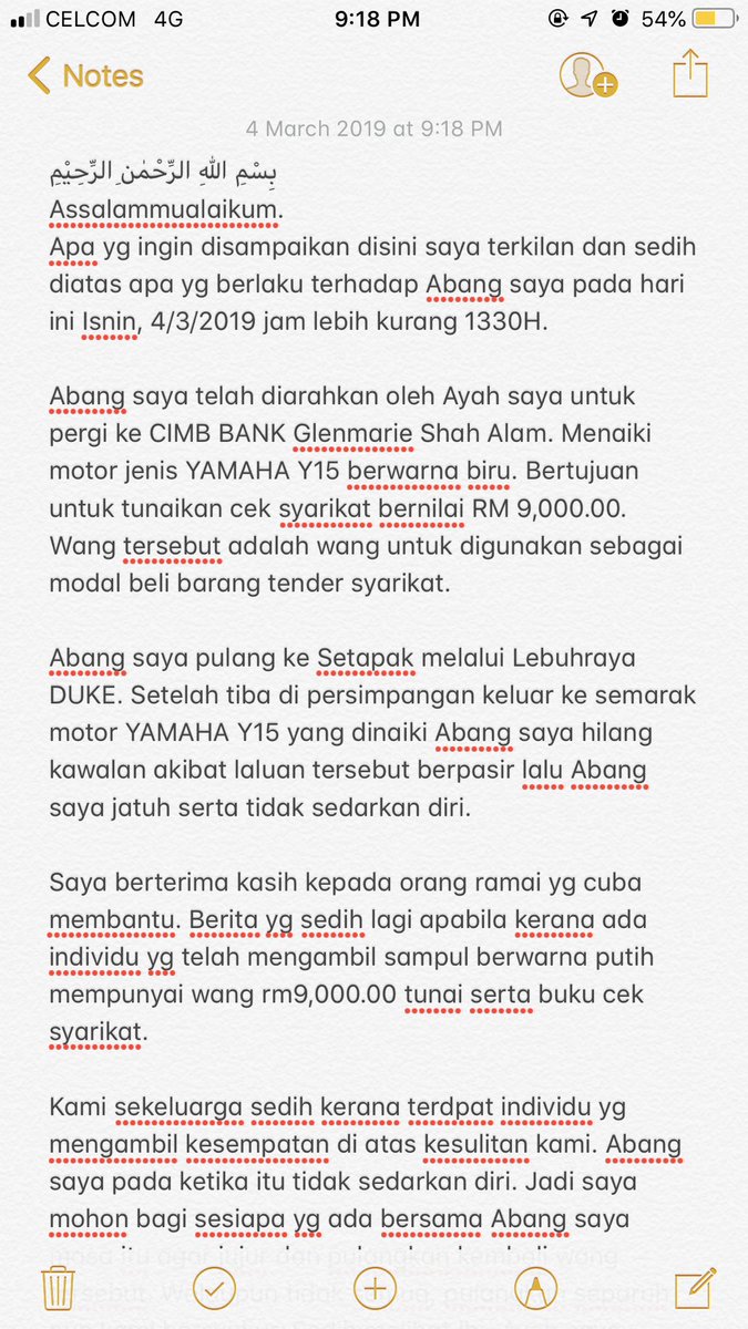 MimiSyazwani's tweet photo. Abang saya accident. Wang syarikat bernilai RM9ribu tunai telah dicuri. 

Selanjutnya saya jelaskan pada gambar. 

Mohon baik warga Twitter untuk Retweet tweet ini untuk membantu kami sekeluarga.

Dan doakan keadaan abang saya, Muhammad Azrul Affendy kembali pulih. https://t.co/cE613DVtzZ