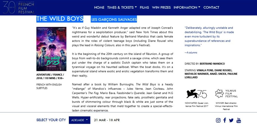 Nominated for #QueerLion 2017, Bertrand Mandico's The Wild Boys #lesgarçonssauvages will screen in several Australian city during the 30. French Film Festival in March and April
Check the dates: https://bit.ly/2EMKWla
@af_fff_aus @SicVeneziaSNCCI #bertrandmandico