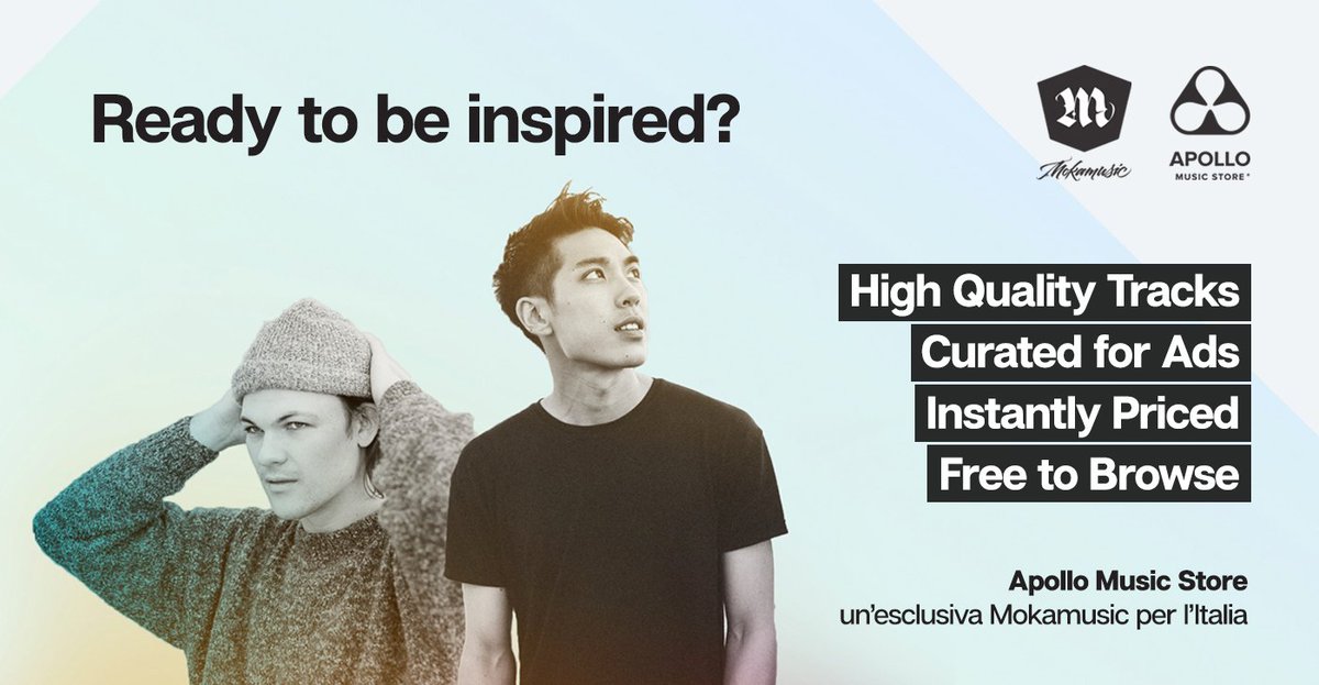Ready To Be Inspired? Online  la nuova sessione dedicata ad Apollo Music Store. Musica di qualità per l'industry pubblicitaria, licenze immediate (gli aspetti legali per l'utilizzo dei brani sono stati già trattati con gli artisti)...Buon Ascolto!mokamusic.com/#BuyMusic