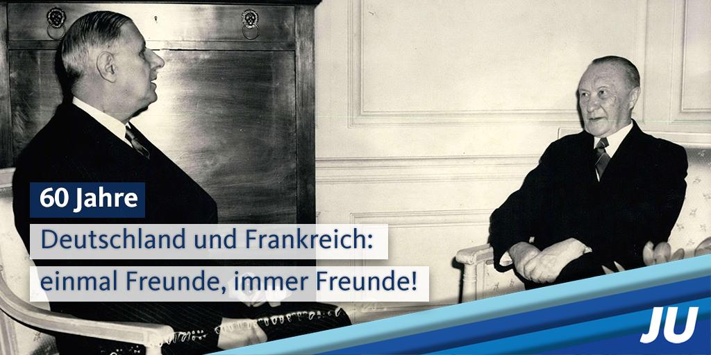 Junge_Union's tweet photo. Heute vor 60 Jahren trafen sich 🇩🇪 Bundeskanzler #Adenauer und der 🇫🇷 Staatspräsident de #Gaulle und kamen zu dem Entschluss, dass die Sicherung des Friedens nur durch die Einigkeit aller Westmächte erreicht werden kann. Auf 60 weitere Jahre Freundschaft, Frieden und Wohlstand! https://t.co/Y5hI8lq1JN