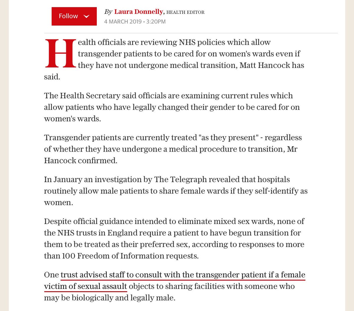 giuliana_london's tweet photo. “Transgender NHS rules that allow men to share women's wards if they identify as female to be reviewed” The Telegraph

Very disturbing news, and follows news re gender apartheid prisons. As if Gov deliberately stoking division. Ultimately result will be litigation ending at ECHR https://t.co/qYxr1an8lq