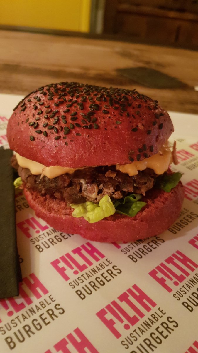 myeastldn's tweet photo. Loved this vegan burger at FILTH in Shoreditch 😋

This is the signature burger made of black beans, black quinoa, non-GMO soy mince and a mix of unami paste, sandwiched between a beetroot-infused bun. 😍🍔 https://t.co/197ERmvvGs