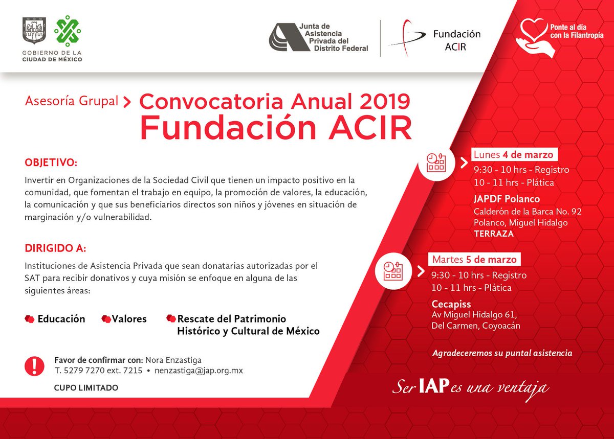 JAP_CDMX's tweet photo. #IAP Ven a la asesoría grupal que tendremos mañana en el #Cecapiss, donde resolveremos todas tus dudas sobre la Convocatoria Anual 2019 @fundacionacir.

La entrada es gratuita. 

#SerIAPEsUnaVentaja https://t.co/0aXQqLaIRE