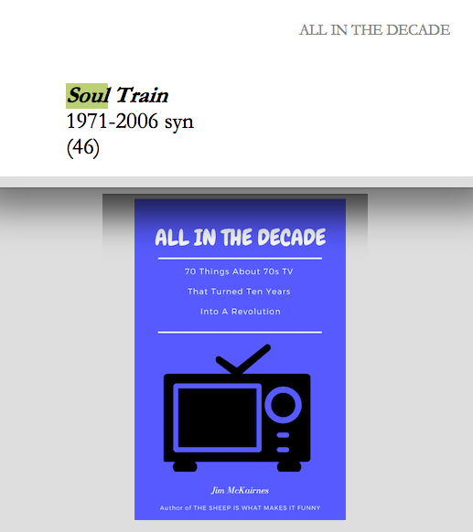 Me93288388's tweet photo. @erickablount If you'll pardon the self-promo, Ericka, and with thanks to your skilled research, I'm happy to share the recently published ALL IN THE DECADE: 70 THINGS ABOUT 70S TV THAT TURNED TEN YEARS INTO A REVOLUTION. Your #SoulTrain info was more than invaluable. Thank you https://t.co/7wDXewVCP5