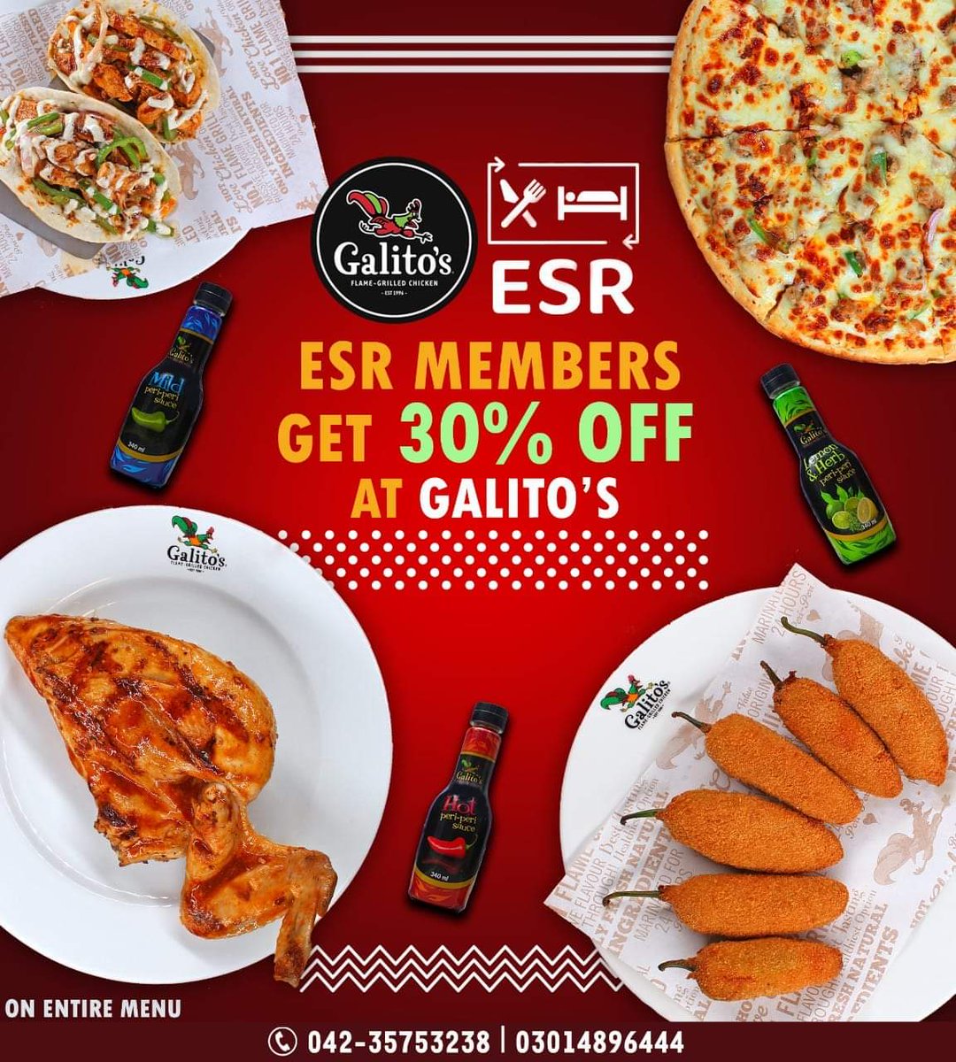 ESRofficalpk's tweet photo. Looking for Grilled chicken and Tacos?

Avail 30% EXCLUSIVE ESR Discount on the complete menu of Galito's all branches.

Just show the crew members that you're the member of ESR and enjoy the discounted food.

#Food #Lahore #Pakistan #ESR #Foodie https://t.co/dBanKFTgIP