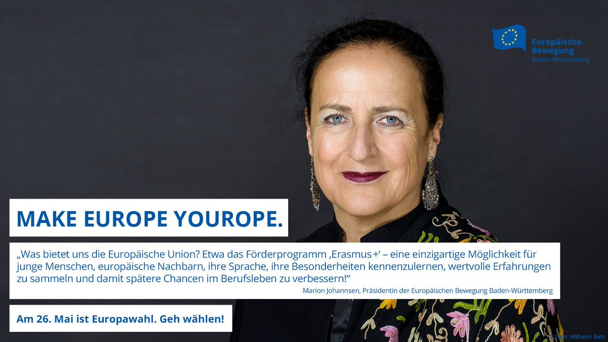 NetzwerkEBD's tweet photo. Die EU hat viel zu bieten - wie #ErasmusPlus: "einzigartige Möglichkeit, wertvolle Erfahrungen zu sammeln und die Chancen im Berufsleben zu verbessern!" Die Präsidentin der EB Baden-Württemberg @JohannsenMj, für #MakeEuropeYourope. Zum Wahlaufruf der EBBW: https://t.co/PPmXT7UxLn https://t.co/LC2yx4sV69
