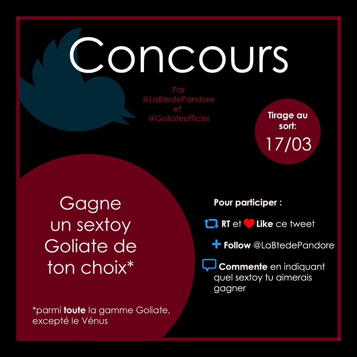 LaBteDePandore's tweet photo. #Concours !
Gagnez un #sextoy @goliateofficiel au choix, pour jouer, les règles sont décrites dans l'image ci-dessous.

Rendez-vous le 17 pour découvrir l'https://t.co/E2faU7v7dX élu.e 😋

Bonne chance à toutes et tous ! https://t.co/XdaJWQrqZt