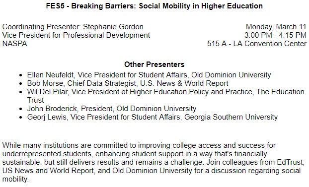 djarrat's tweet photo. Looking forward to #NASPA19 session with @EllenNeufeldt @Wil_EdTrust @Bob_Morse and others re #socialmobility in #HigherEd https://t.co/EXLoSkcdZd