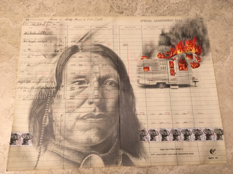 NewberryLibrary's tweet image. In this contemporary #ledgerbook drawing, artist Chris Pappan (Osage Nation) resurrects an #AmericanIndian artistic genre from the 19thC, depicting an #indigenous figure and a burning trailer on a found folio sheet from a 1924 #Evanston municipal ledger.