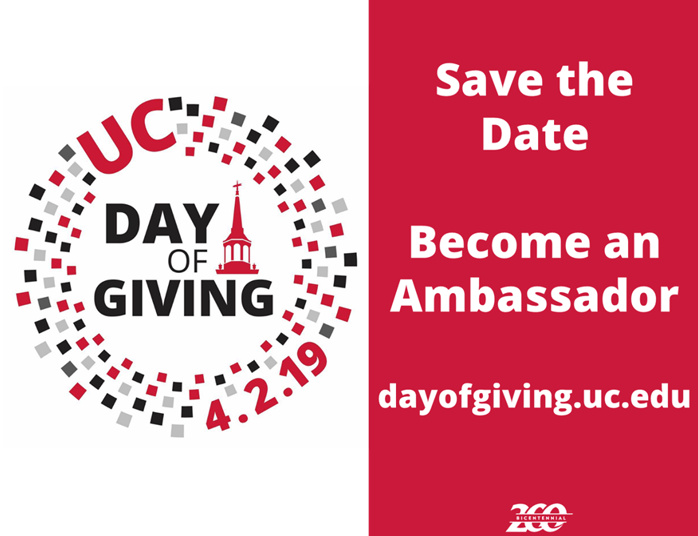 It's that time of year again! <a href="/uofcincy/">University of Cincinnati</a>'s #DayOfGiving will be on Tuesday, April 2. For more information and to sign up to be an ambassador, visit dayofgiving.uc.edu