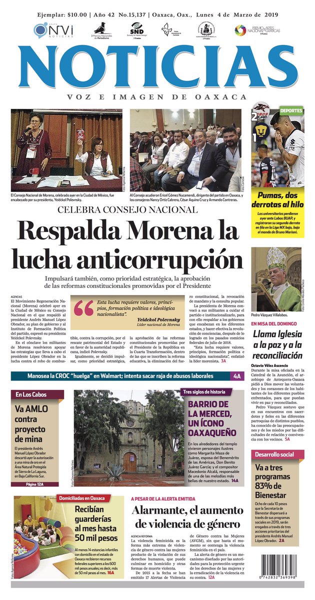MonitorOaxaca's tweet photo. Así lucen los titulares este lunes 4 de marzo de 2019 de los diarios con mayor circulación en #Oaxaca https://t.co/wSKe3NQhKq
