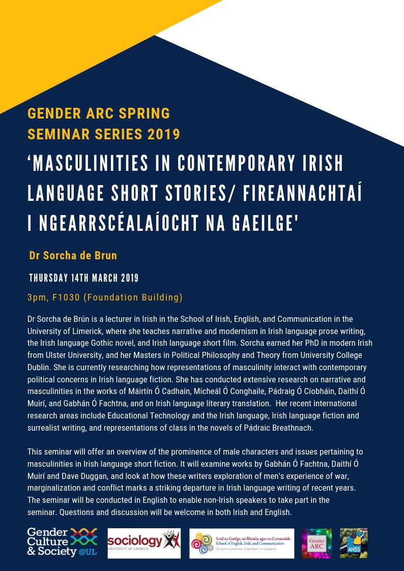 gcs_ul's tweet photo. We are excited for our upcoming GenderARC seminar by Dr. Sorcha de Brun (@DeSorcha) on the 14th of March at 3 p.m. in room F1030 here @UL. Please feel free to share and hope to see you there! @ResearchArtsUL @SEIC_UL @ULSociology 

For info on GCS@UL visit https://t.co/nUvlyTLyWn https://t.co/YIYESJ7k7V