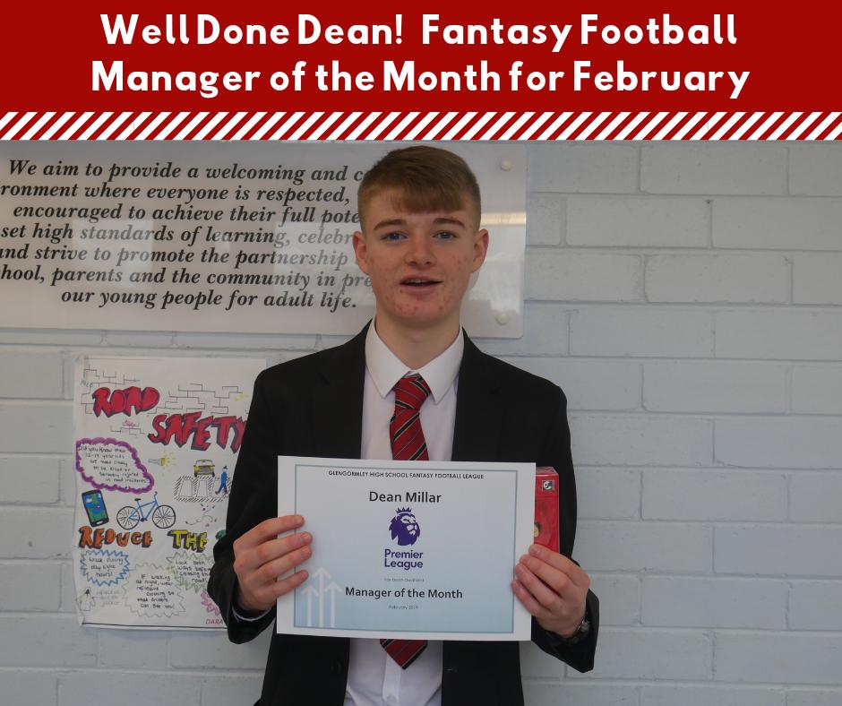 GlengormleyHS's tweet photo. Well done to Dean Miller who is February Manager of the Month in our Fantasy Football League. Dean had a great month with Aguero, Pogba and Van Dijk racking up the points. Dean also leads the table with Simon McCartney and Mr Kennedy in close pursuit #JoinGHS #fantasyfootball https://t.co/uHOSKQPLO3