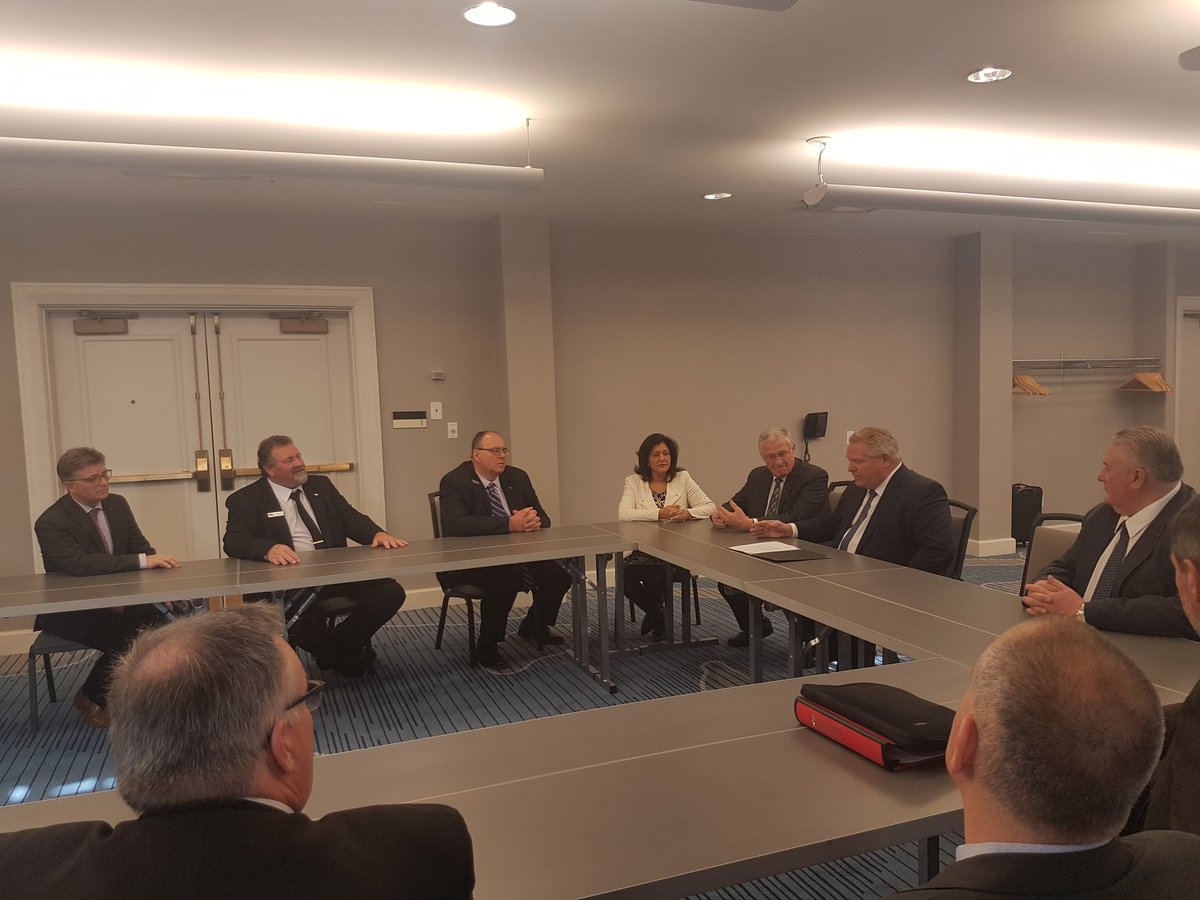 Look who dropped in on the CFO #WomenInLeadership breakfast! Thanks <a href="/fordnation/">Doug Ford</a> for making time to say hi and meet with #ChickenFarmers and our board. Thank you to Minister <a href="/erniehardeman/">Ernie Hardeman</a> and MPP <a href="/ninatangri/">Nina Tangri</a>. We appreciate your words of support. #CFOAGM2019 #onpoli #ontag