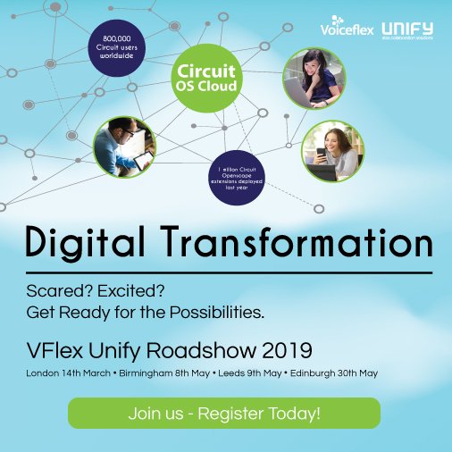 Voiceflex's tweet photo. If you haven't already, book your place at our #VFlexUnify Roadshow. We're the 1st UK service provider to be appointed @UnifyCo Cloud Service Provider by @Atos for the deployment of @CircuitHQ. Join us for networking and learning on 14/3/19. https://t.co/pFO7qTPuhV https://t.co/Z25HWAEU5K