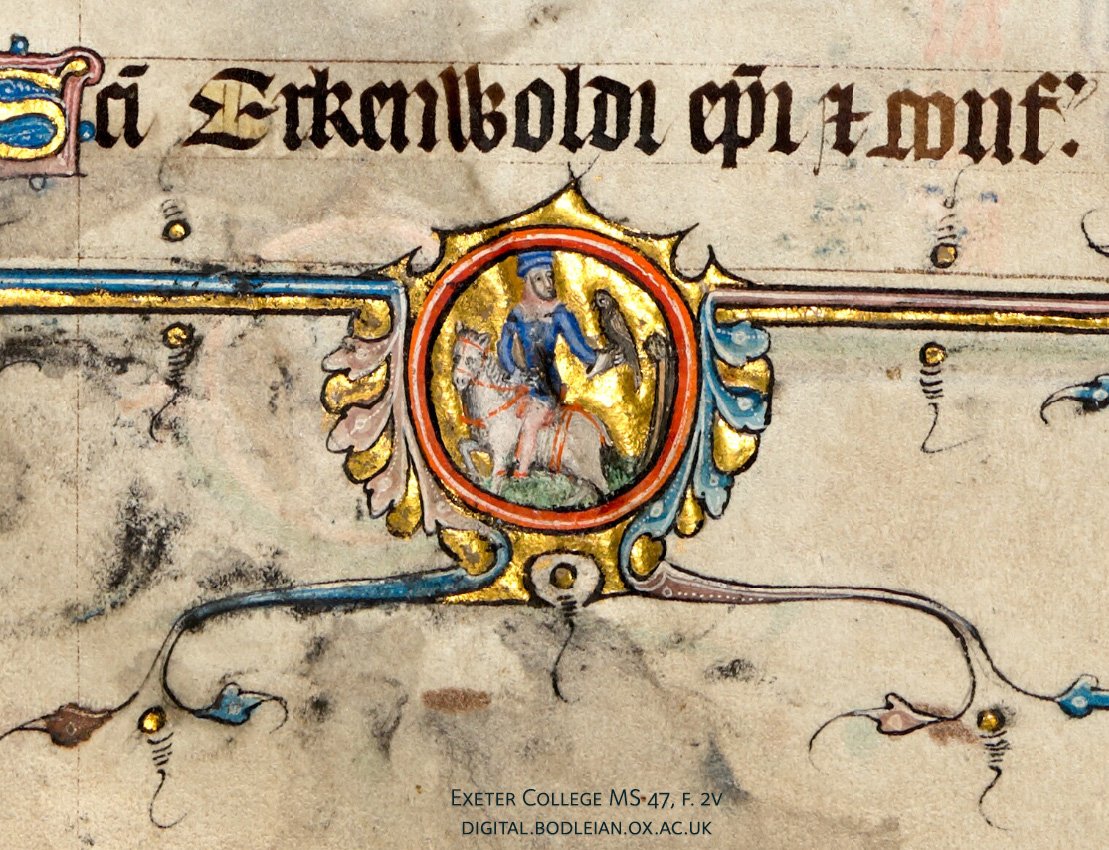 Detail of an illuminated medallion from a medieval manuscript, depicting a man on horseback holding a hawk.