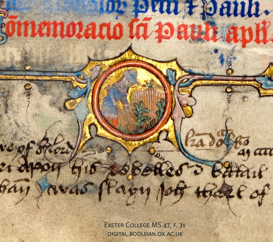 Detail of an illuminated medallion from a medieval manuscript, depicting a man gathering crops.