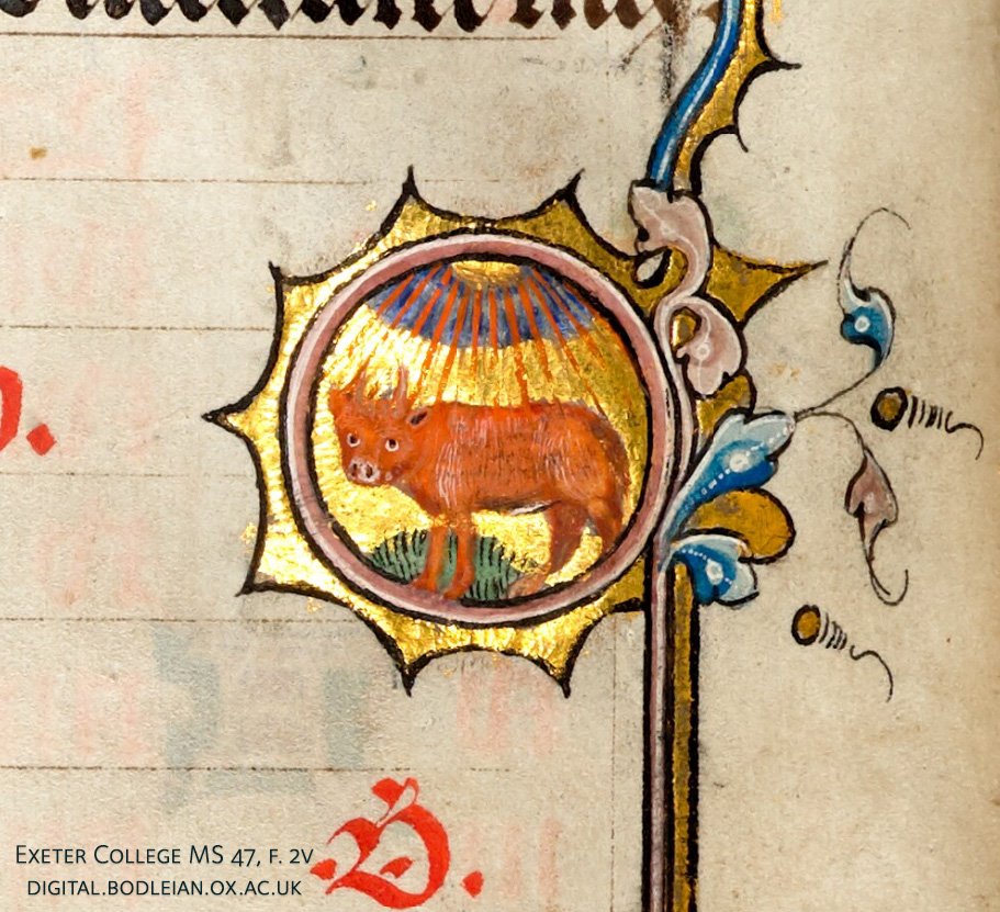 Detail of an illuminated medallion from a medieval manuscript, depicting the zodiacal sign Taurus as a bull.