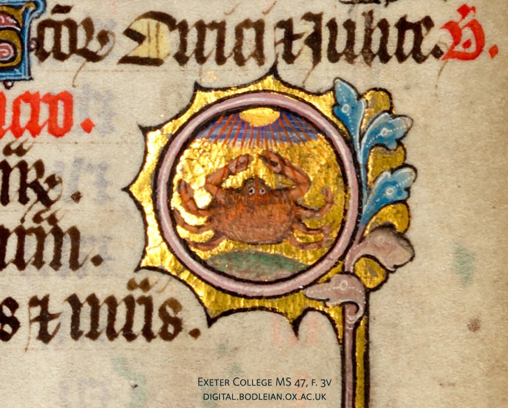 Detail of an illuminated medallion from a medieval manuscript, depicting the zodiacal sign Cancer as a crab.